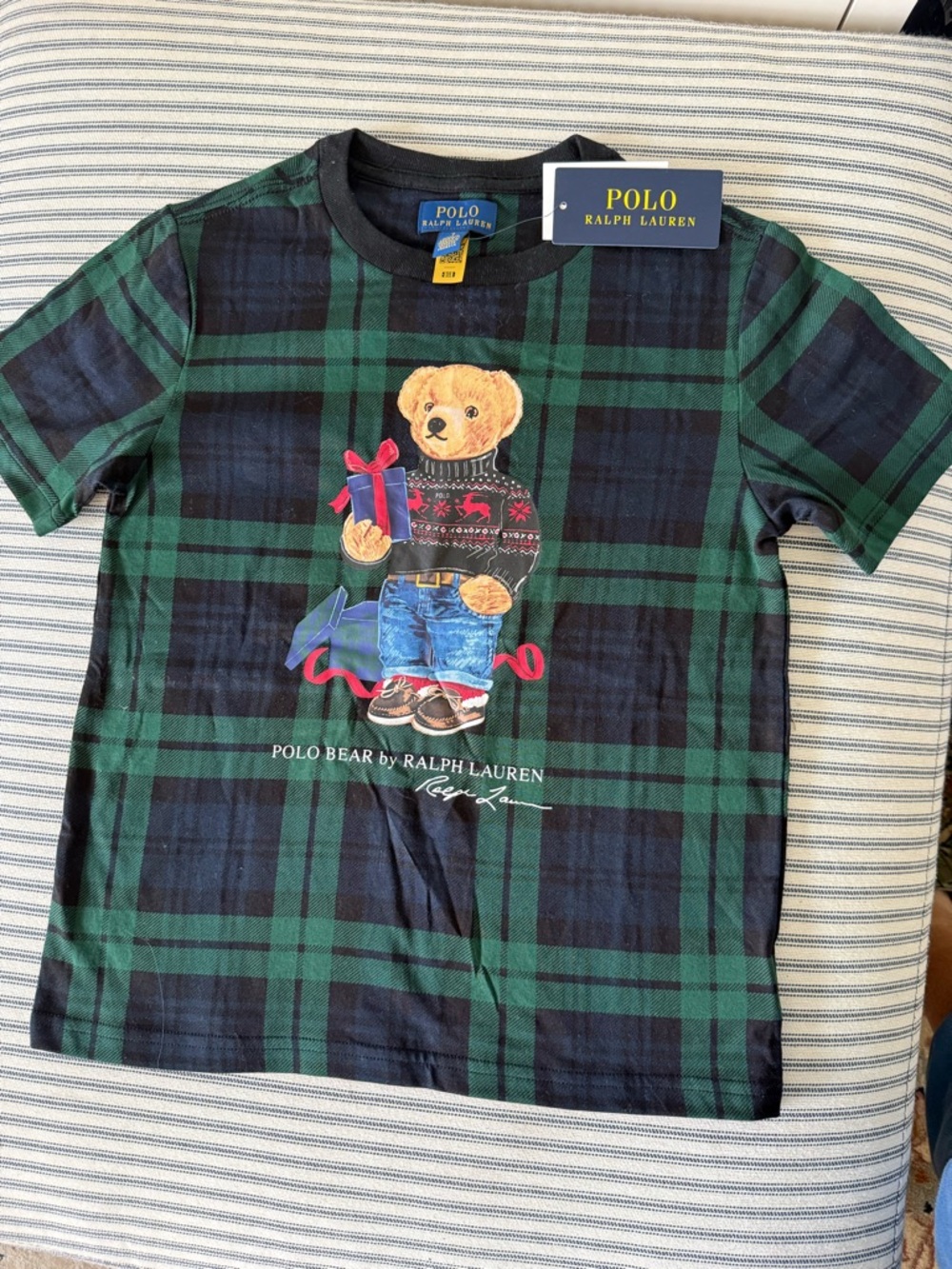Polo by Ralph Lauren Green & Navy Plaid Polo Bear Tee size 7 NWT